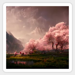 Japanese Sakura Cherry Blossom Trees Landscape #2 Sticker